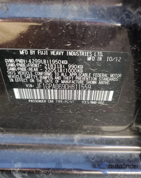 2013 Subaru Impreza Limited z USA, uszkodzony, nr VIN JF1GPAG69DH811559